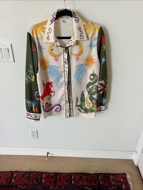 Like my choice brand Women's Printed Button-Up Shirt Jacket in Cream & Olive